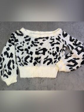 Blue Blush White and Black Fuzzy Leopard Print Sweater